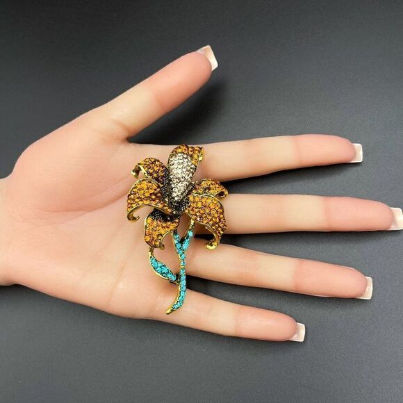 Yellow Gold with Burnt Orange and Champagne Crystal Lily Flower Pin Back Brooch - Picture 9 of 9